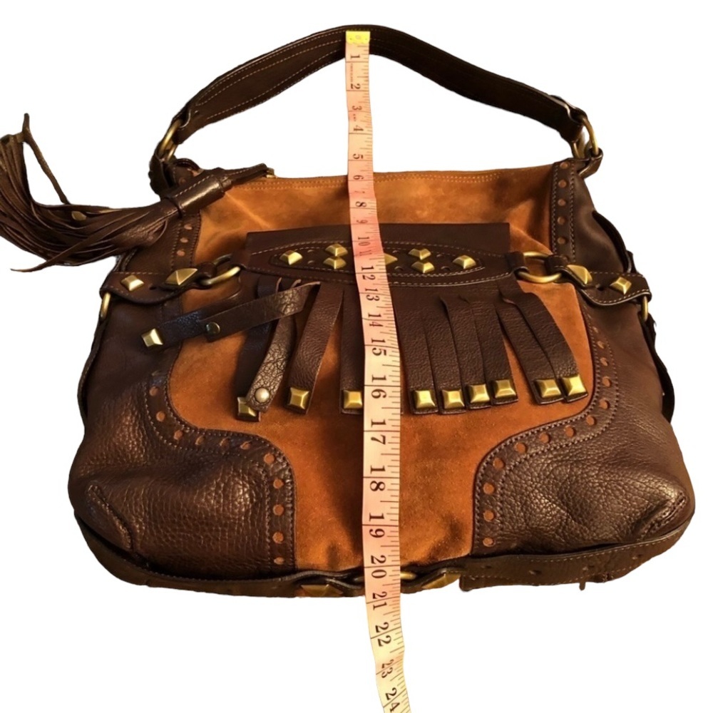 Micheal Kors size X- large brown suede bag brass studded leather fringe